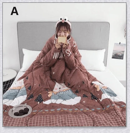 Wearable winter blanket with sleeves for cozy comfort and productivity