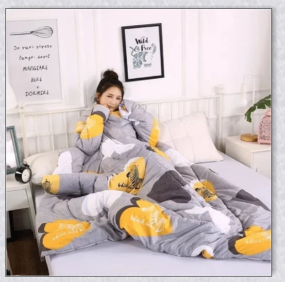 Wearable winter blanket with sleeves for cozy comfort and productivity