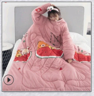 Wearable winter blanket with sleeves for cozy comfort and productivity