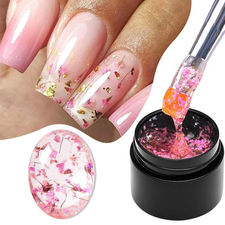 Dried Flower Gel Nail Polish in pink color with real dried flowers embedded in the gel formula