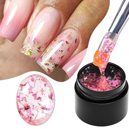 Dried Flower Gel Nail Polish in pink color with real dried flowers embedded in the gel formula