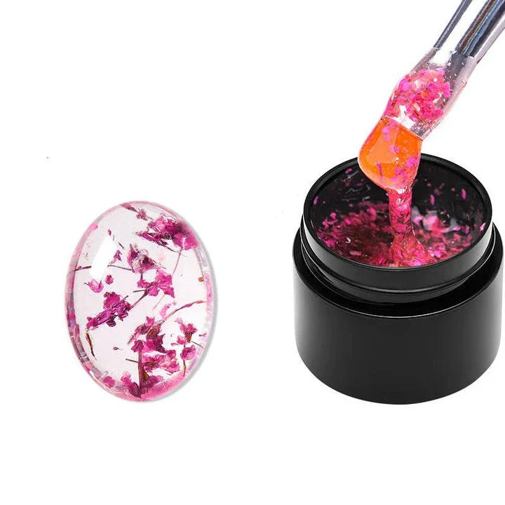 Dried Flower Gel Nail Polish in pink color with real dried flowers embedded in the gel formula