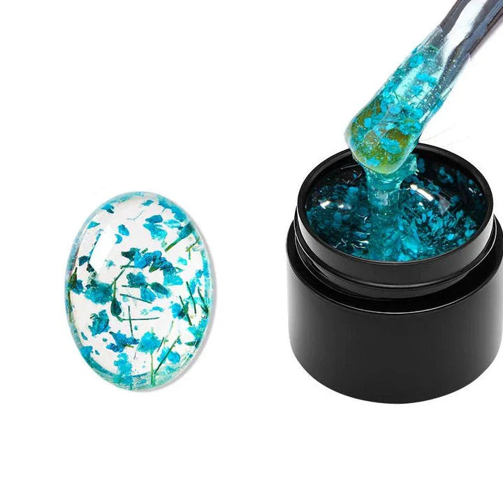 Dried Flower Gel Nail Polish in pink color with real dried flowers embedded in the gel formula