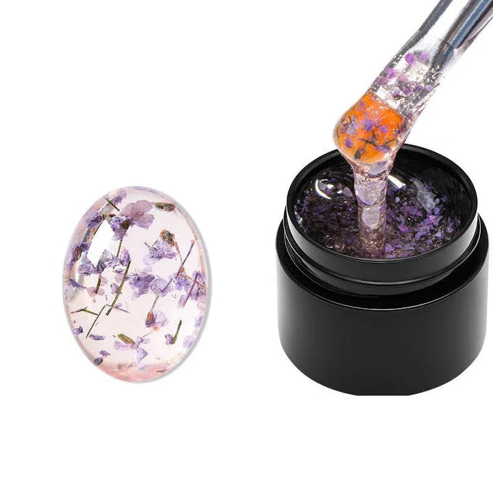Dried Flower Gel Nail Polish in pink color with real dried flowers embedded in the gel formula