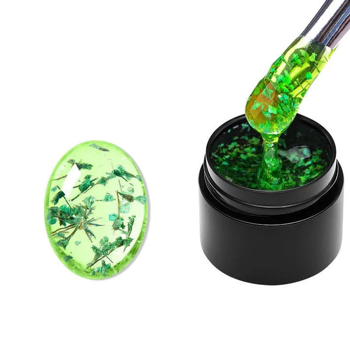 Dried Flower Gel Nail Polish in pink color with real dried flowers embedded in the gel formula