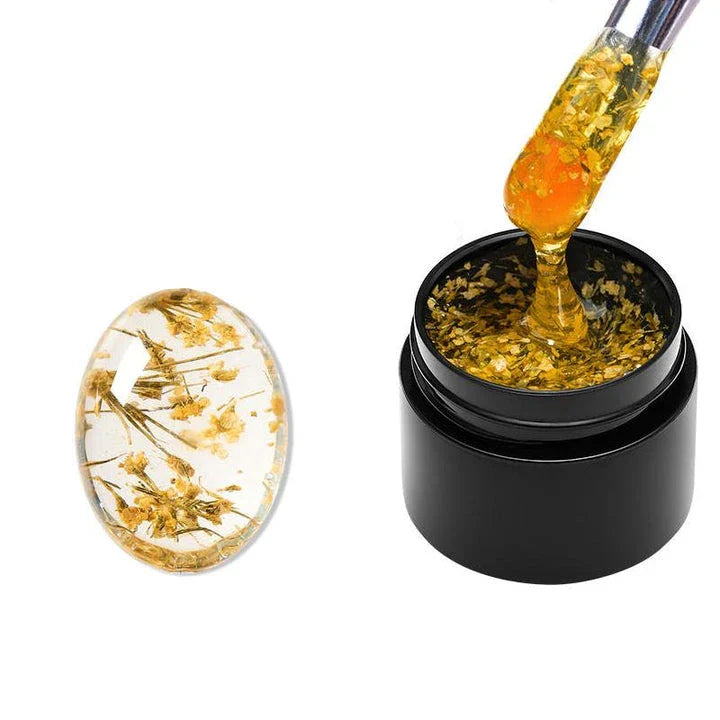 Dried Flower Gel Nail Polish in pink color with real dried flowers embedded in the gel formula