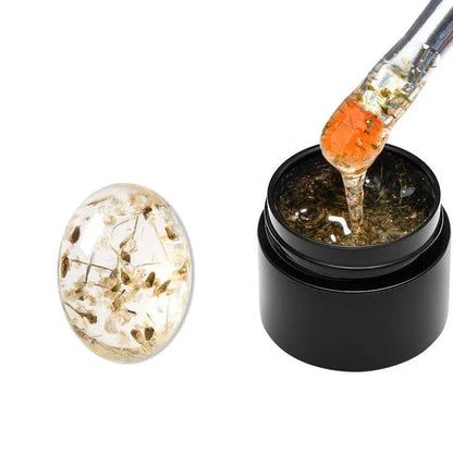 Dried Flower Gel Nail Polish in pink color with real dried flowers embedded in the gel formula