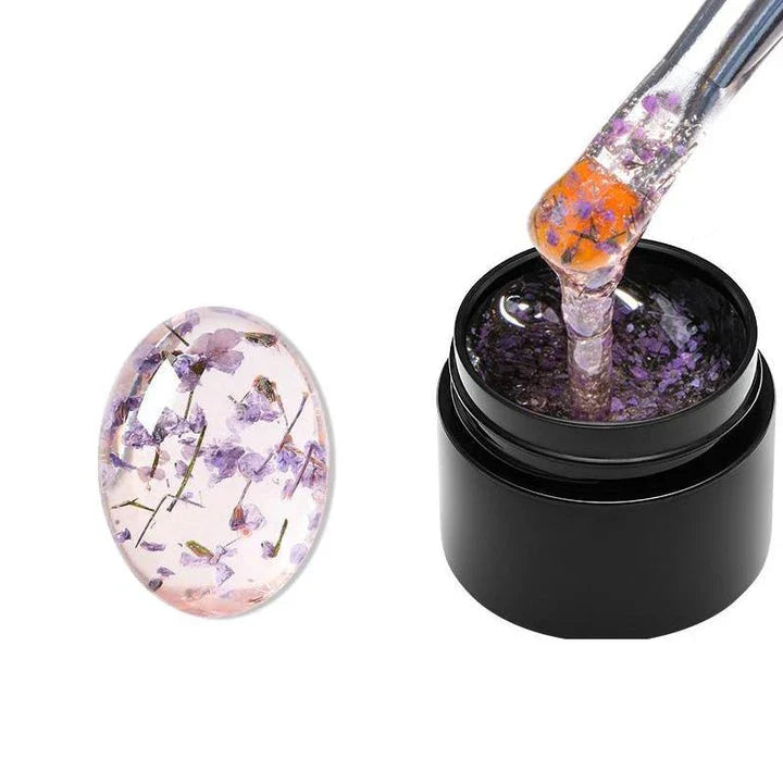 Dried Flower Gel Nail Polish in pink color with real dried flowers embedded in the gel formula