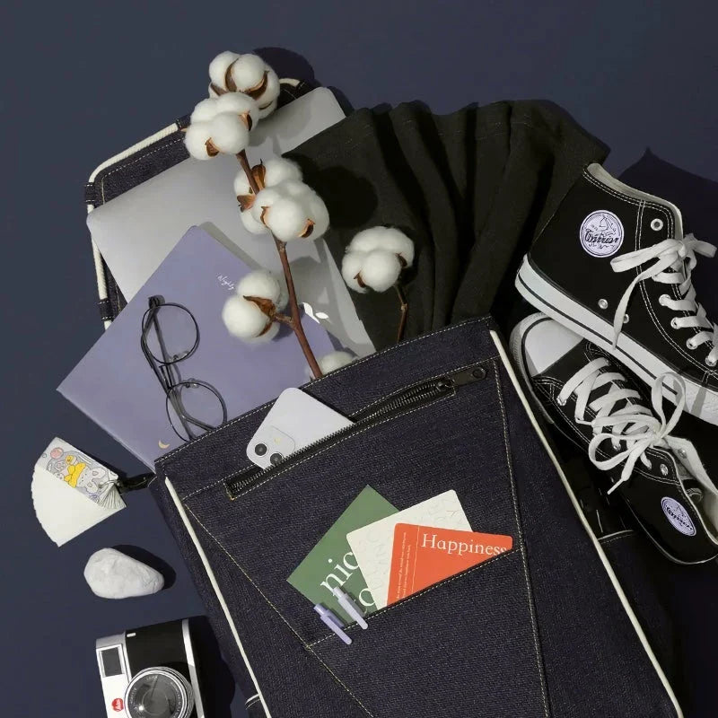 Eco-Friendly Active Denim Waterproof Backpack with multiple interior pockets, waterproof lining, and comfortable hard handle