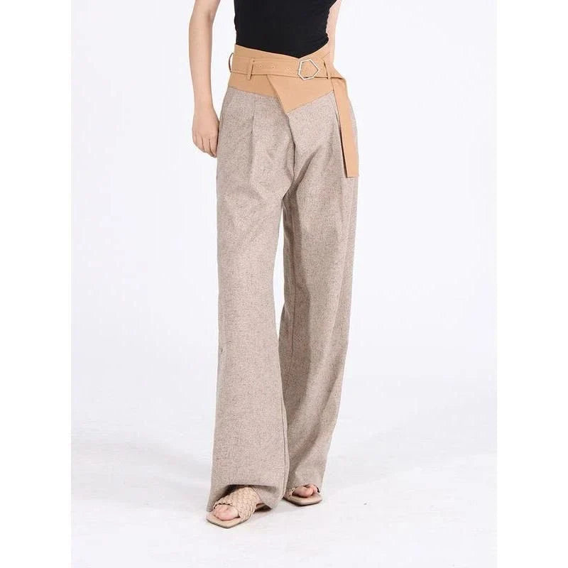 Stylish high-waisted wide-leg pants with colorblock design and pleated front