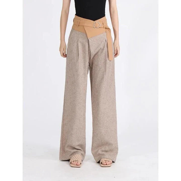 Stylish high-waisted wide-leg pants with colorblock design and pleated front