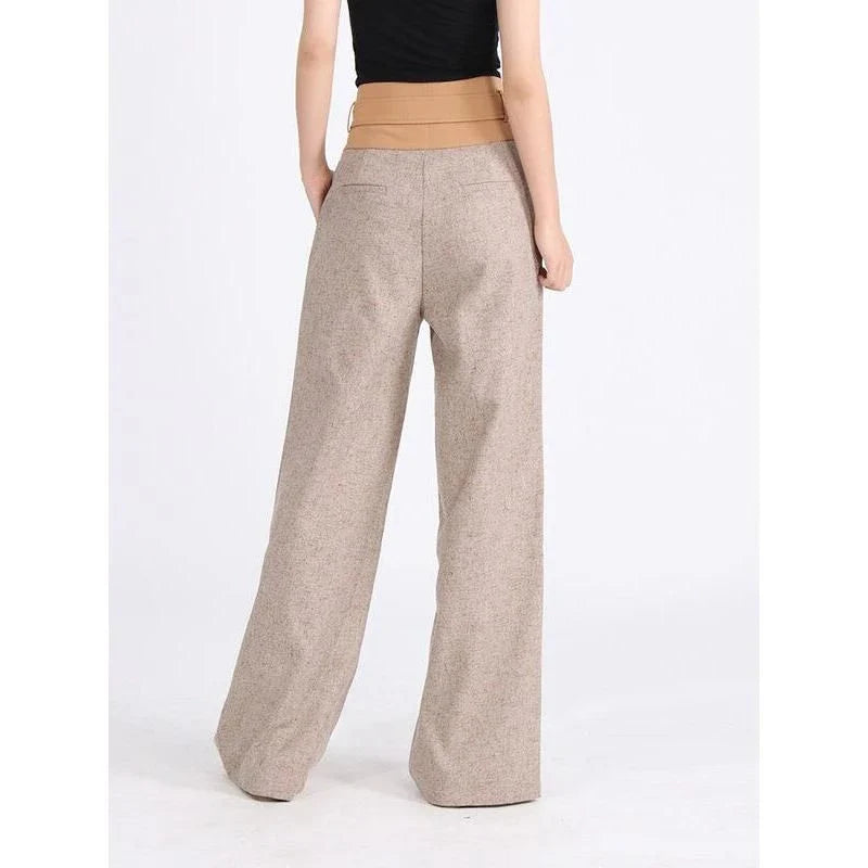 Stylish high-waisted wide-leg pants with colorblock design and pleated front