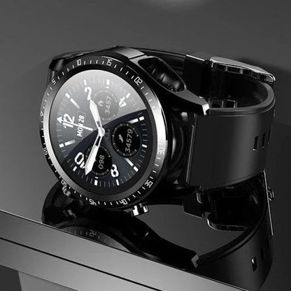 A sleek and sophisticated 2-in-1 smart watch with Bluetooth calling, heart rate monitoring, and wireless headphones for a complete hands-free experience.