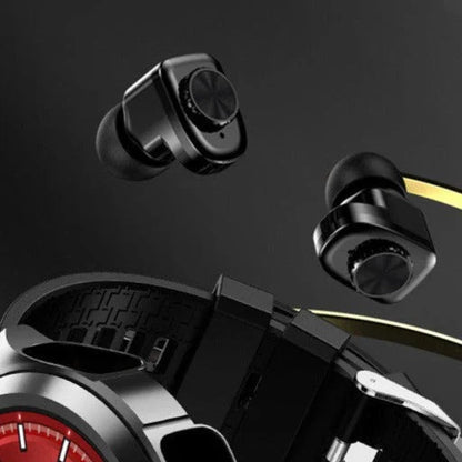 A sleek and sophisticated 2-in-1 smart watch with Bluetooth calling, heart rate monitoring, and wireless headphones for a complete hands-free experience.