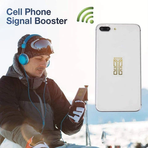 Gold-colored cell phone signal enhancement sticker booster for improved reception and reduced static