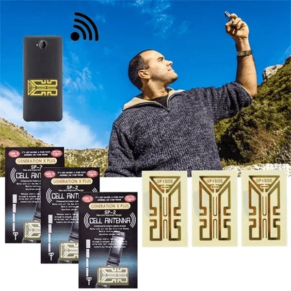 Gold-colored cell phone signal enhancement sticker booster for improved reception and reduced static