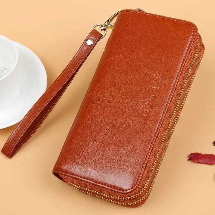 Oil Wax Leather Women's Long Wallet with Double-Layer Zipper and Large Capacity