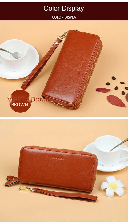Oil Wax Leather Women's Long Wallet with Double-Layer Zipper and Large Capacity