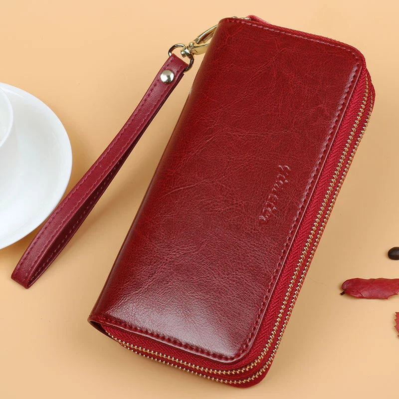 Oil Wax Leather Women's Long Wallet with Double-Layer Zipper and Large Capacity