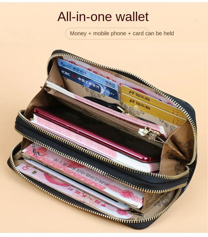 Oil Wax Leather Women's Long Wallet with Double-Layer Zipper and Large Capacity