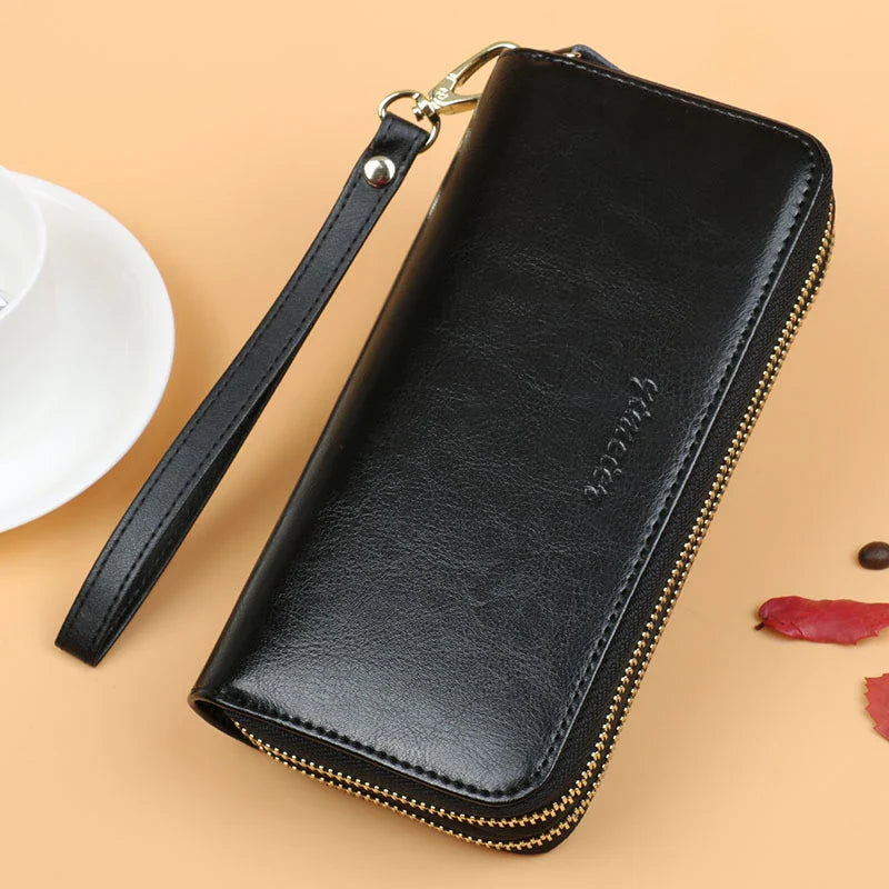 Oil Wax Leather Women's Long Wallet with Double-Layer Zipper and Large Capacity