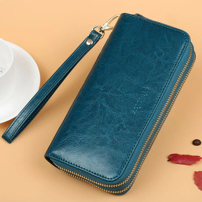 Oil Wax Leather Women's Long Wallet with Double-Layer Zipper and Large Capacity
