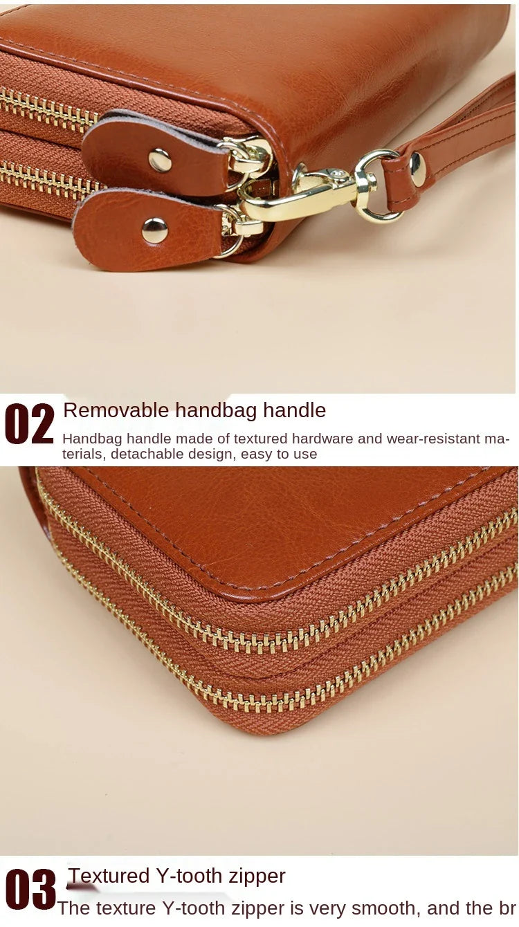 Oil Wax Leather Women's Long Wallet with Double-Layer Zipper and Large Capacity