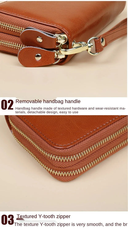 Oil Wax Leather Women's Long Wallet with Double-Layer Zipper and Large Capacity