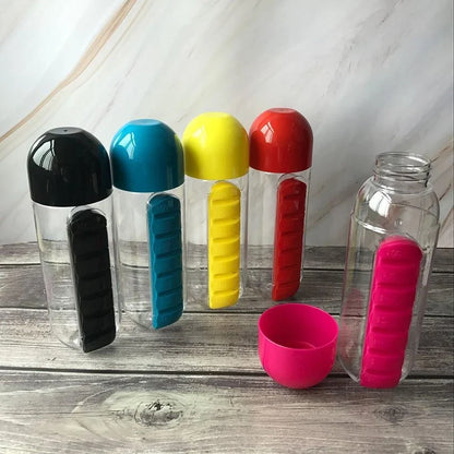 Premium 20 oz plastic water bottle in blue color with a built-in daily pill organizer compartment