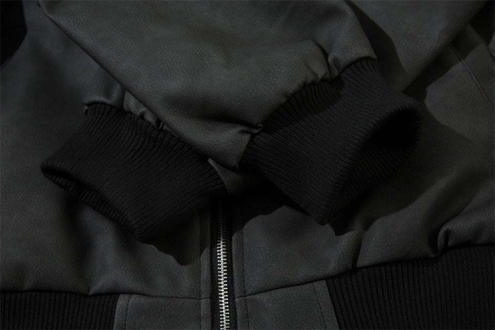 Fashionable Loose PU Leather Jacket with Star Embroidery Design in Black and Gray Green Colors