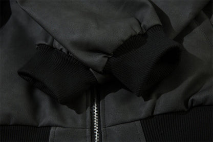 Fashionable Loose PU Leather Jacket with Star Embroidery Design in Black and Gray Green Colors