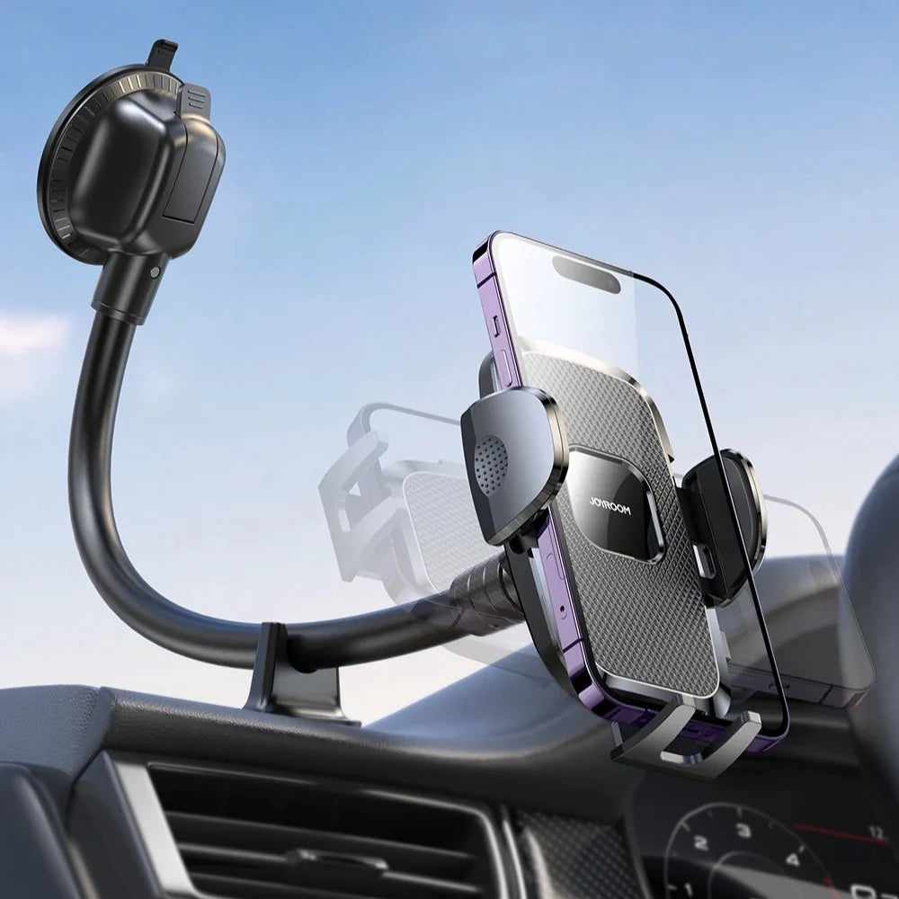 360-degree rotating car phone holder with flexible arm and universal smartphone compatibility