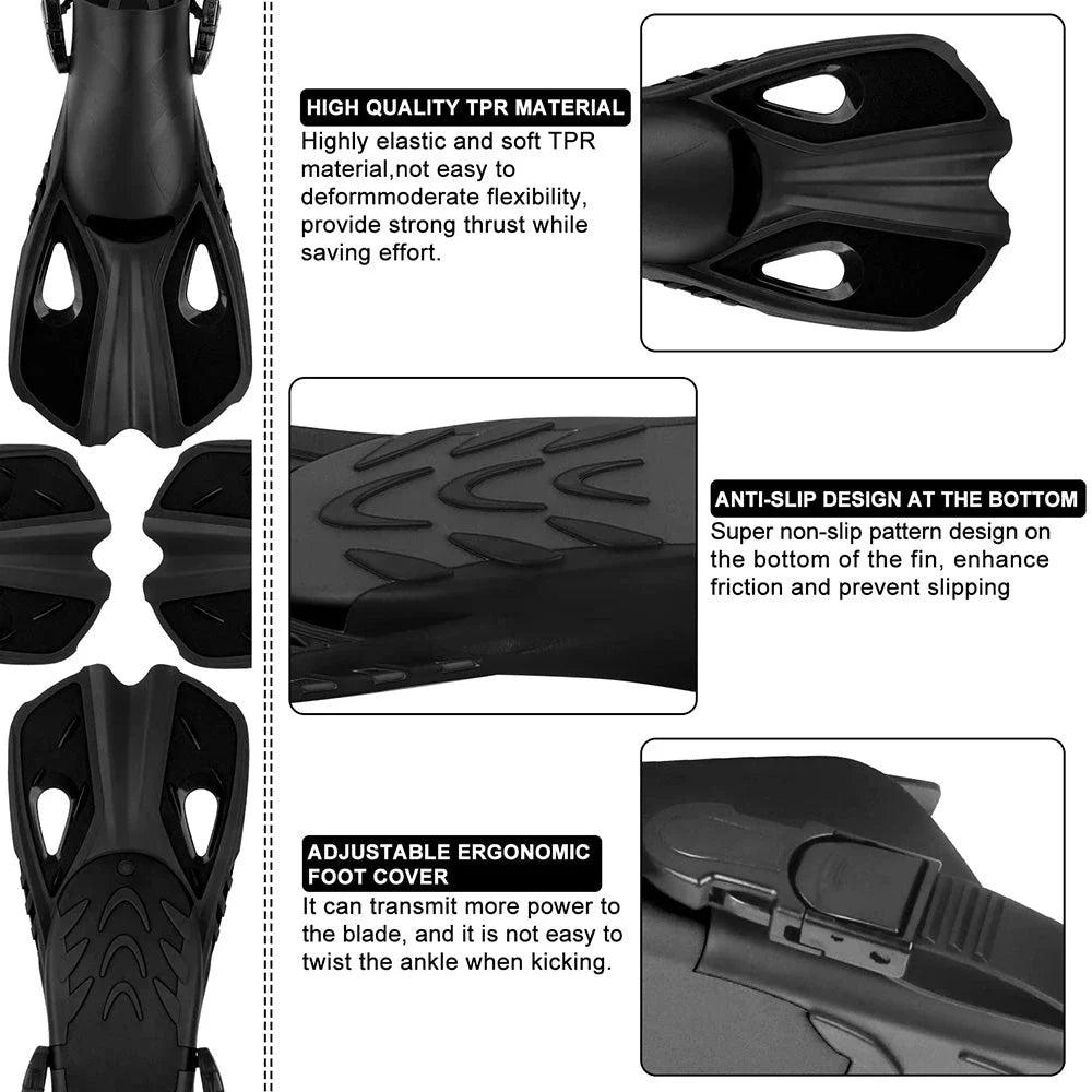 A pair of adjustable travel snorkel fins in various sizes and colors, perfect for underwater adventures and water sports.