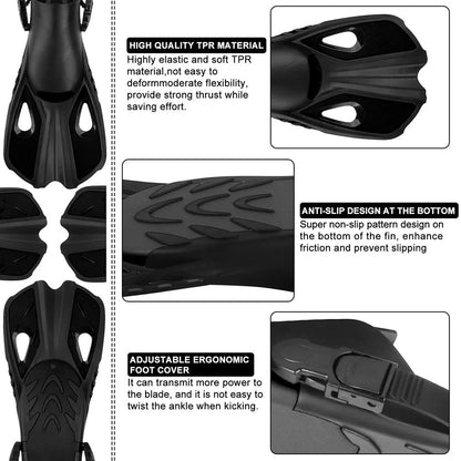 A pair of adjustable travel snorkel fins in various sizes and colors, perfect for underwater adventures and water sports.