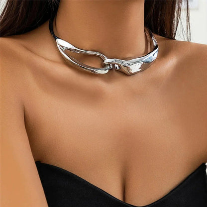Exaggerated chunky heavy metal torques choker necklace in gold, silver, and mix color options
