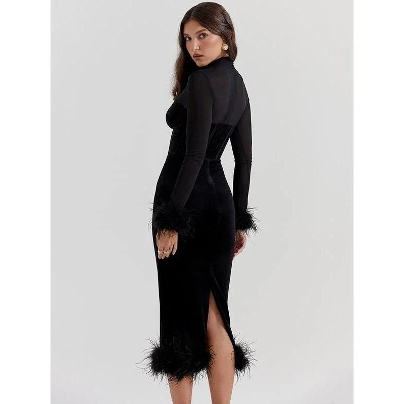 Elegant feather trim backless bodycon midi dress in a sleek, sophisticated design