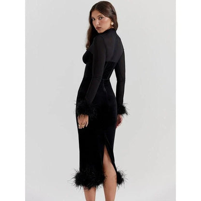 Elegant feather trim backless bodycon midi dress in a sleek, sophisticated design