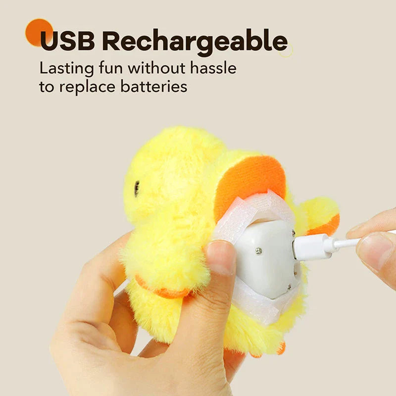 Interactive plush duck toy with flapping wings and quacking sounds, designed to engage and entertain cats