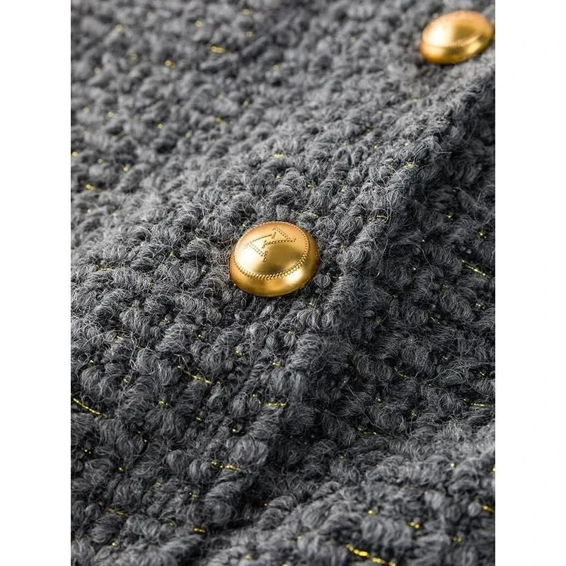 Sophisticated women's winter wool tweed jacket with stylish v-neck collar and single-breasted closure for a classic French look