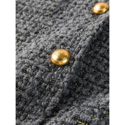Sophisticated women's winter wool tweed jacket with stylish v-neck collar and single-breasted closure for a classic French look