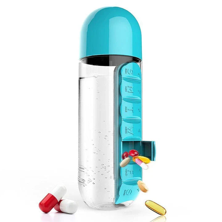 Premium 20 oz plastic water bottle in blue color with a built-in daily pill organizer compartment