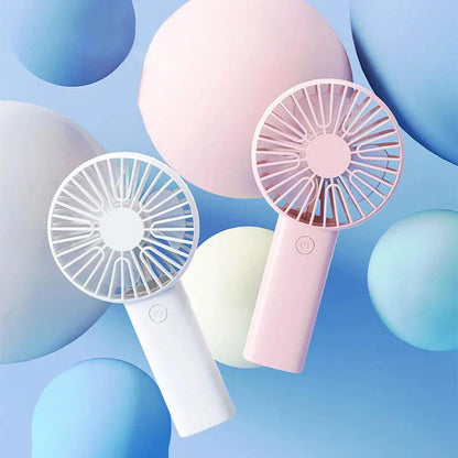 Compact USB Rechargeable Mini Handheld Fan with 3 wind modes, desktop stand, and phone holder for cooling anywhere