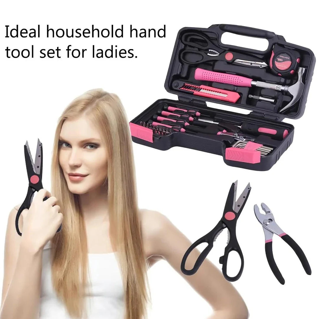 Versatile 39-Piece Pink Household Tool Kit with essential tools for home, office, and DIY projects