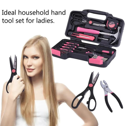Versatile 39-Piece Pink Household Tool Kit with essential tools for home, office, and DIY projects