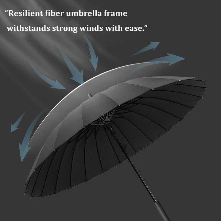 Deluxe 24-rib windproof umbrella with automatic opening and long handle, providing superior protection and stylish design for modern professionals.