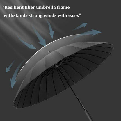 Deluxe 24-rib windproof umbrella with automatic opening and long handle, providing superior protection and stylish design for modern professionals.