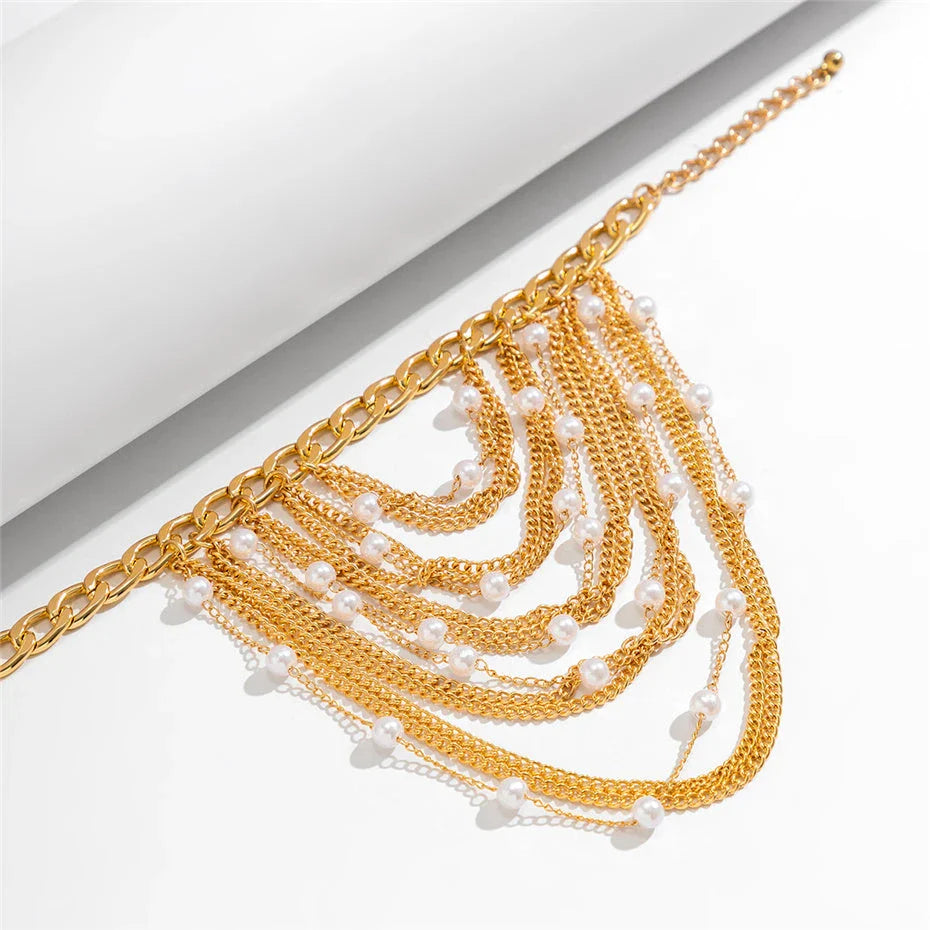 Elegant Boho Chic Tassel Pearl Anklet for Women in Gold, a glamorous accessory that enhances any outfit