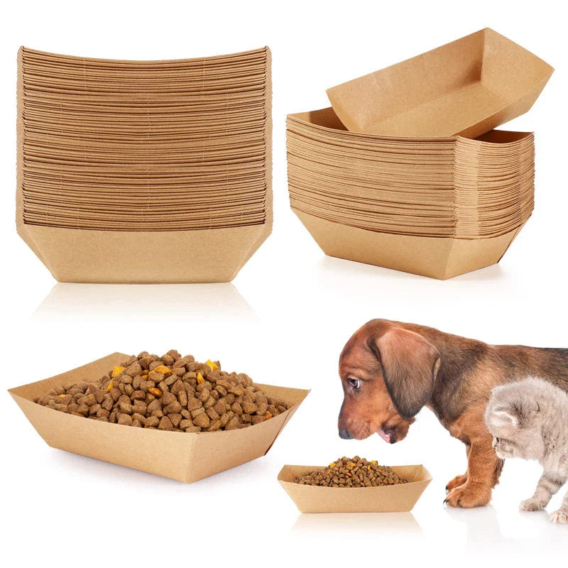 Disposable pet feeding bowls made from eco-friendly materials, perfect for hassle-free feeding at home or on the go