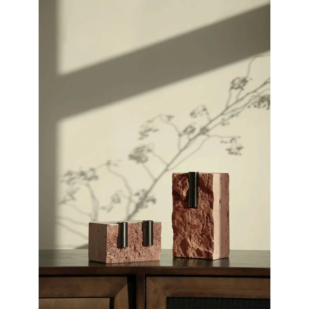 Elegant minimalist red travertine vase with natural stone texture and European-inspired design, perfect for rustic home decor