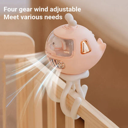 Cartoon Safety Bladeless Stroller Fan with adorable doll night light feature for keeping babies cool and comfortable